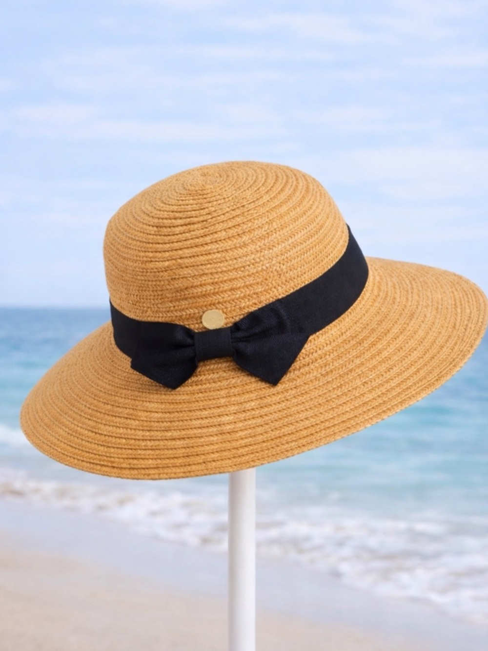 Vince Camuto Straw Sun Hat Black Ribbon Bow Adjustable Coastal Chic